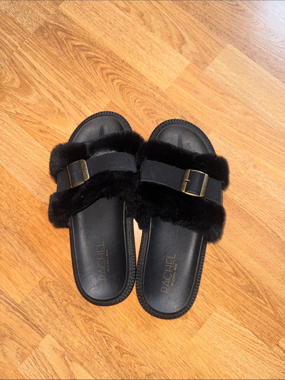 Rachel Zoe Black Faux Fur Slide Sandals with Gold Buckles